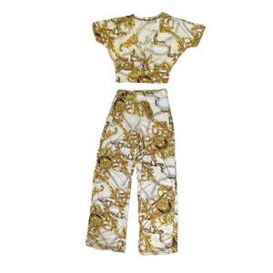 Plunging Neckline Crop Top & Pants Outfit White and Gold Baroque Print Slim-Fit